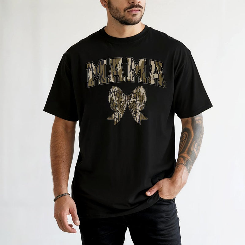 Mama T-Shirt | Camo Coquette Bow Graphic Tee | 100% Premium Cotton | Cute Mother's Day 2026 Gift for Mom
