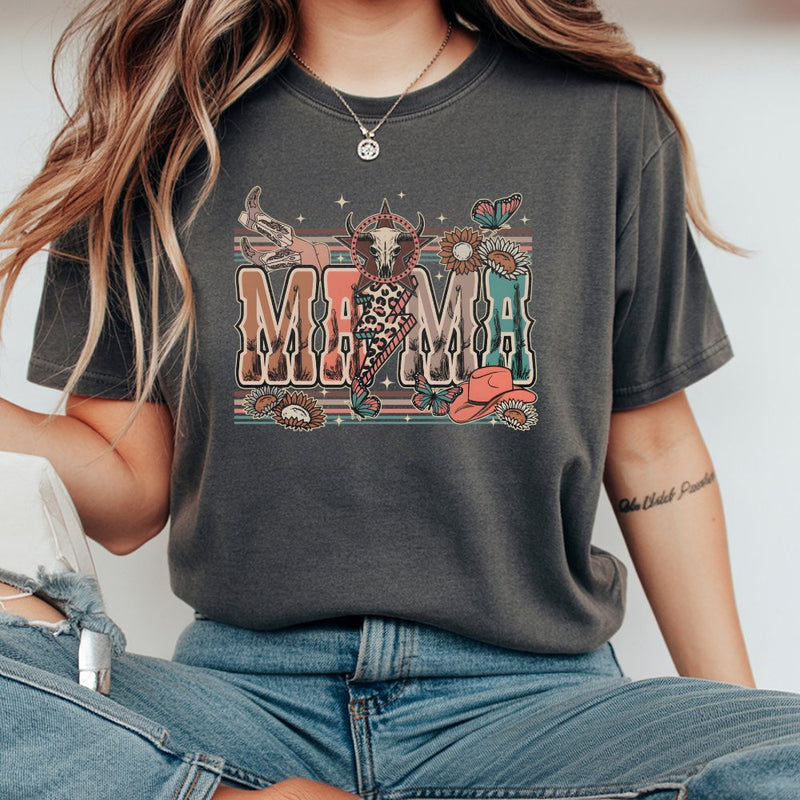 Western Mama T-Shirt | Boho Cow Skull & Leopard Print Graphic | Premium 100% Cotton | Perfect Gift for Mom