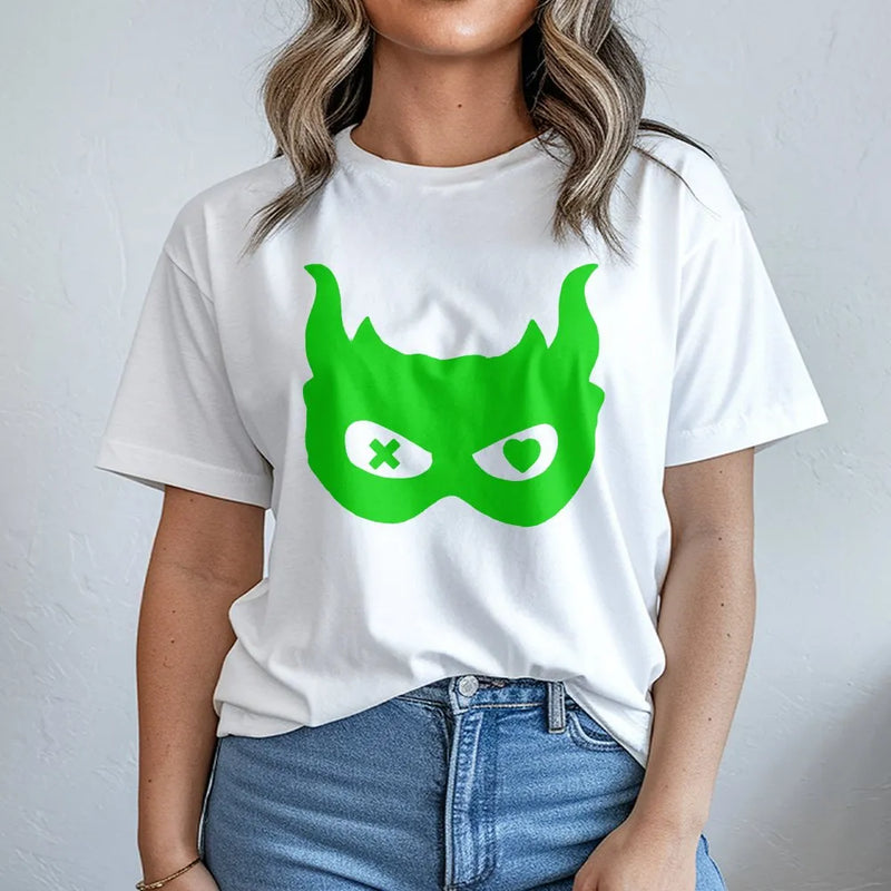Devil Mask Graphic Tee | Heart and X Eyes Neon Print | Soft Cotton T-Shirt | Unique Unisex Streetwear Gift