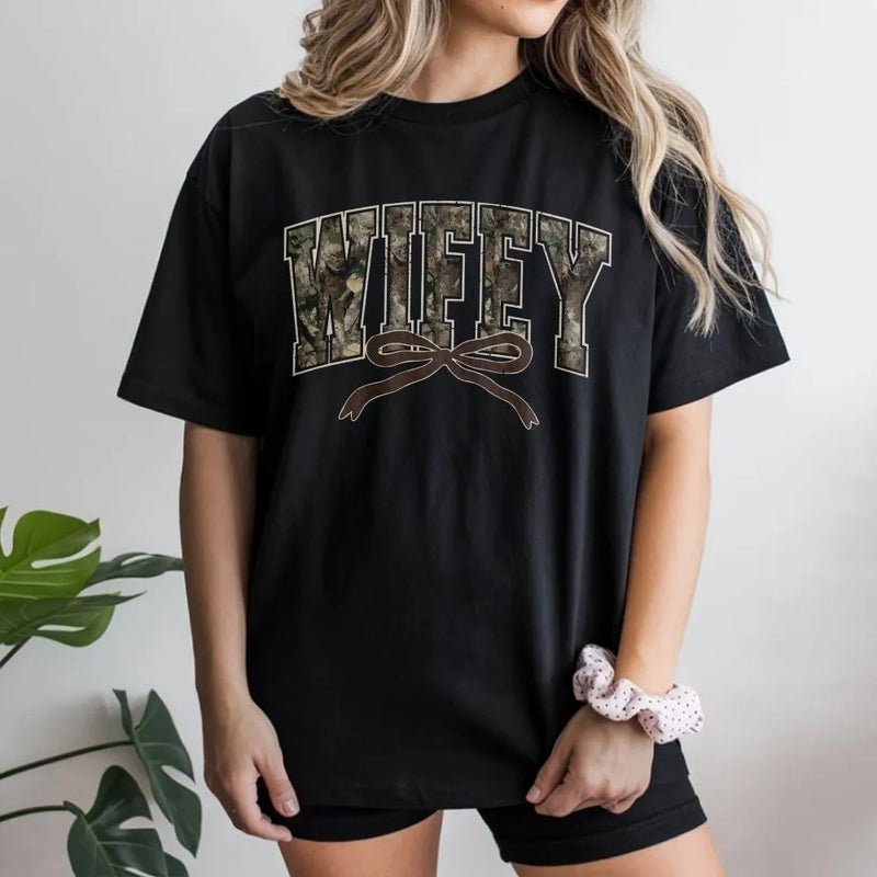 Wifey Camo T-Shirt | Rustic Bow Print Graphic Tee | Premium 100% Cotton | Cute Country Wedding Gift for Her
