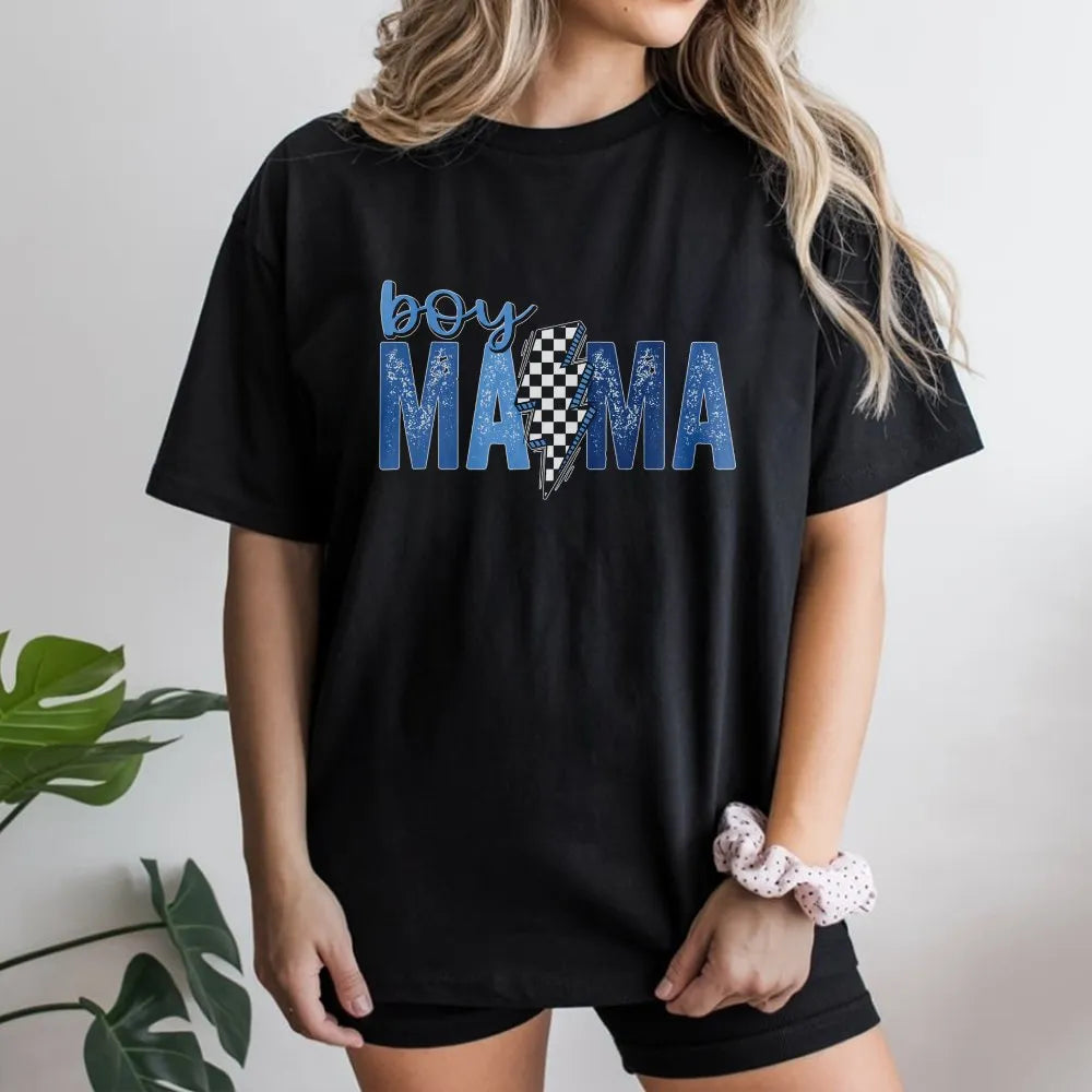 Boy Mama Shirt | Racing Theme Checkered Flag Graphic Tee | Premium Cotton | Mother's Day Gift for Mom of Boys