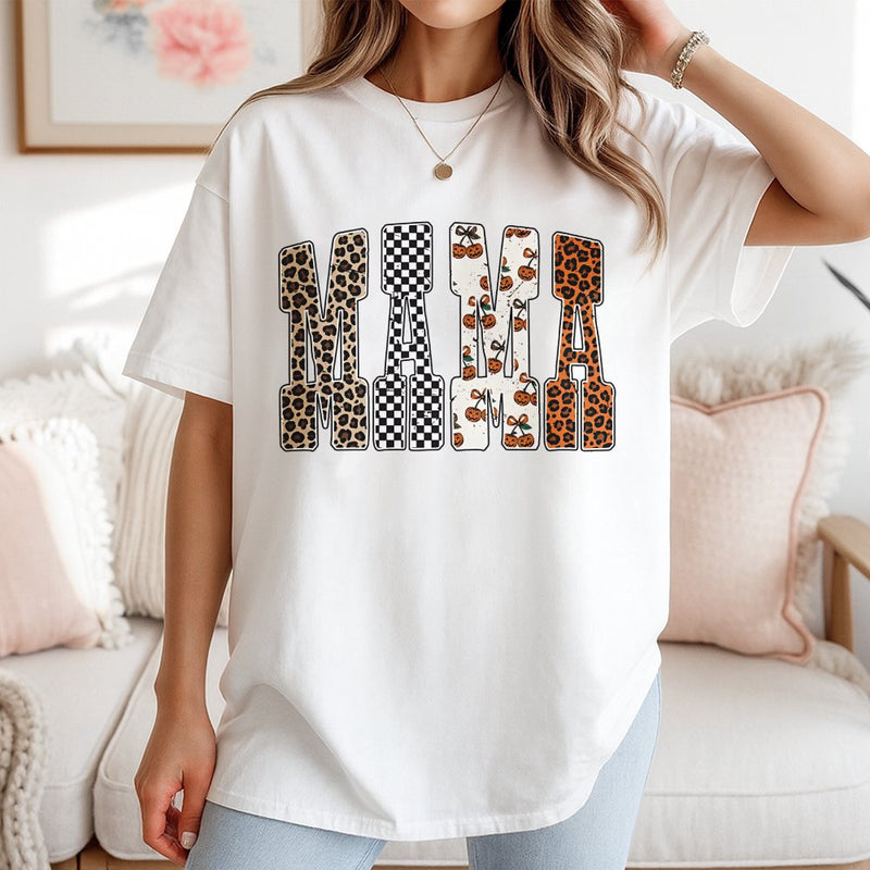 Mama T-Shirt | Halloween Leopard Print & Pumpkin Design | Premium 100% Cotton | Trendy Fall Gift for Mom