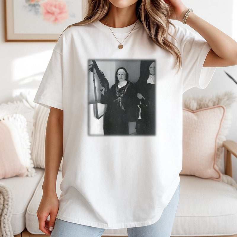 Nun With Gun T-Shirt | Edgy Black And White Graphic | 100% Cotton Premium Tee | Unique Funny Gift For Friends