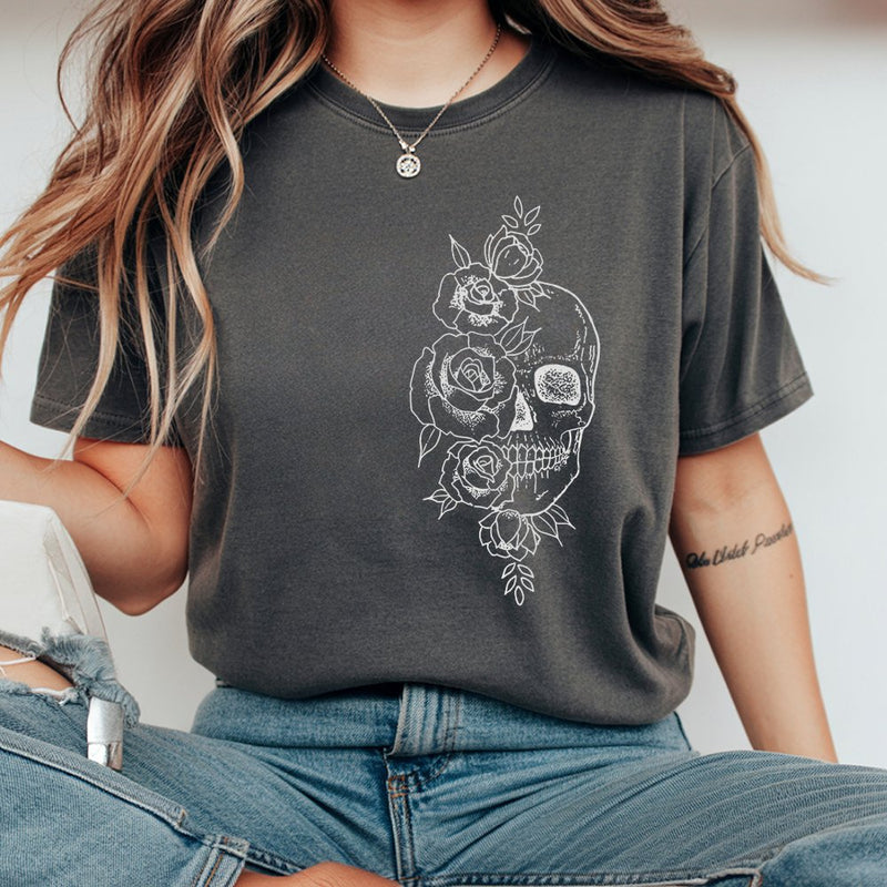 Skull and Rose T-Shirt | Gothic Floral Graphic Design | 100% Cotton Premium Tee | Edgy Aesthetic Gift for Her